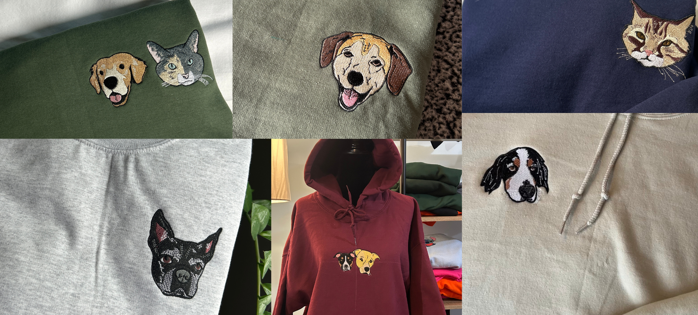 Collage of clothing items with embroidered dog designs on a plain background.