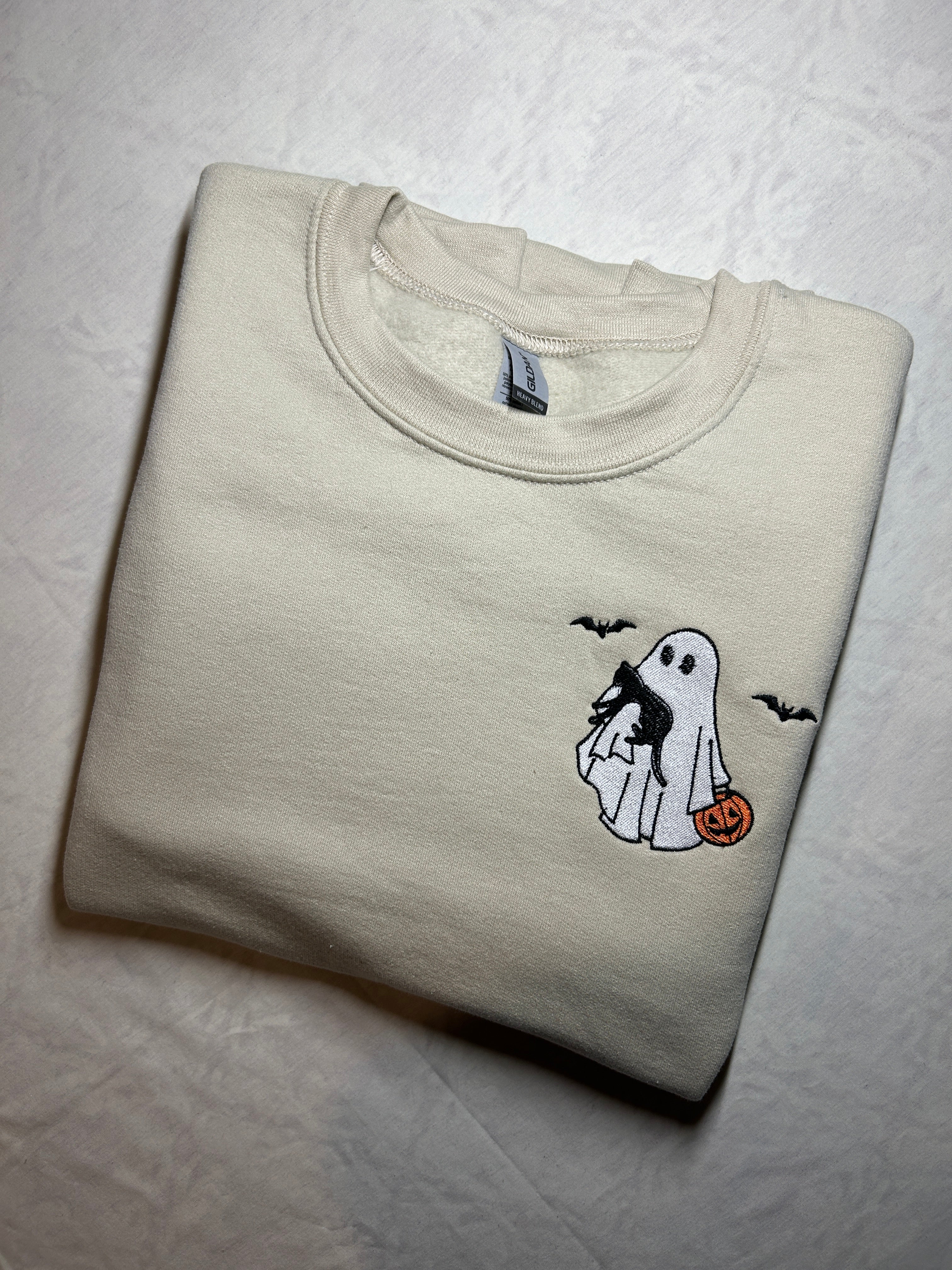 Ghost & Black Cat Trick or Treating Embroidery Design | Halloween Sweatshirt