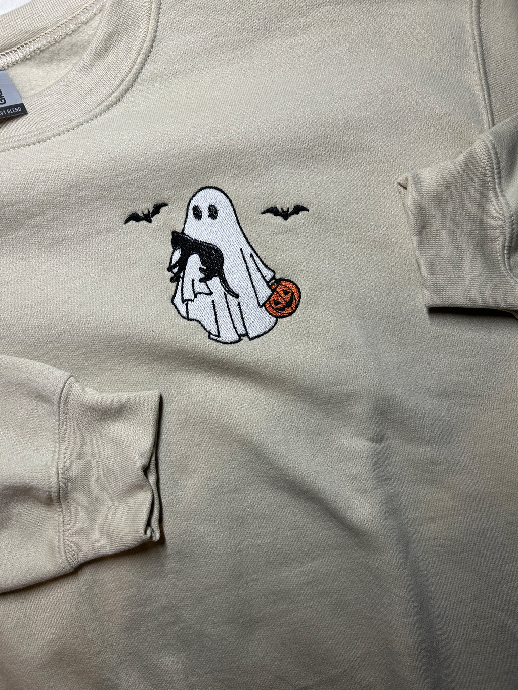 Ghost & Black Cat Trick or Treating Embroidery Design | Halloween Sweatshirt