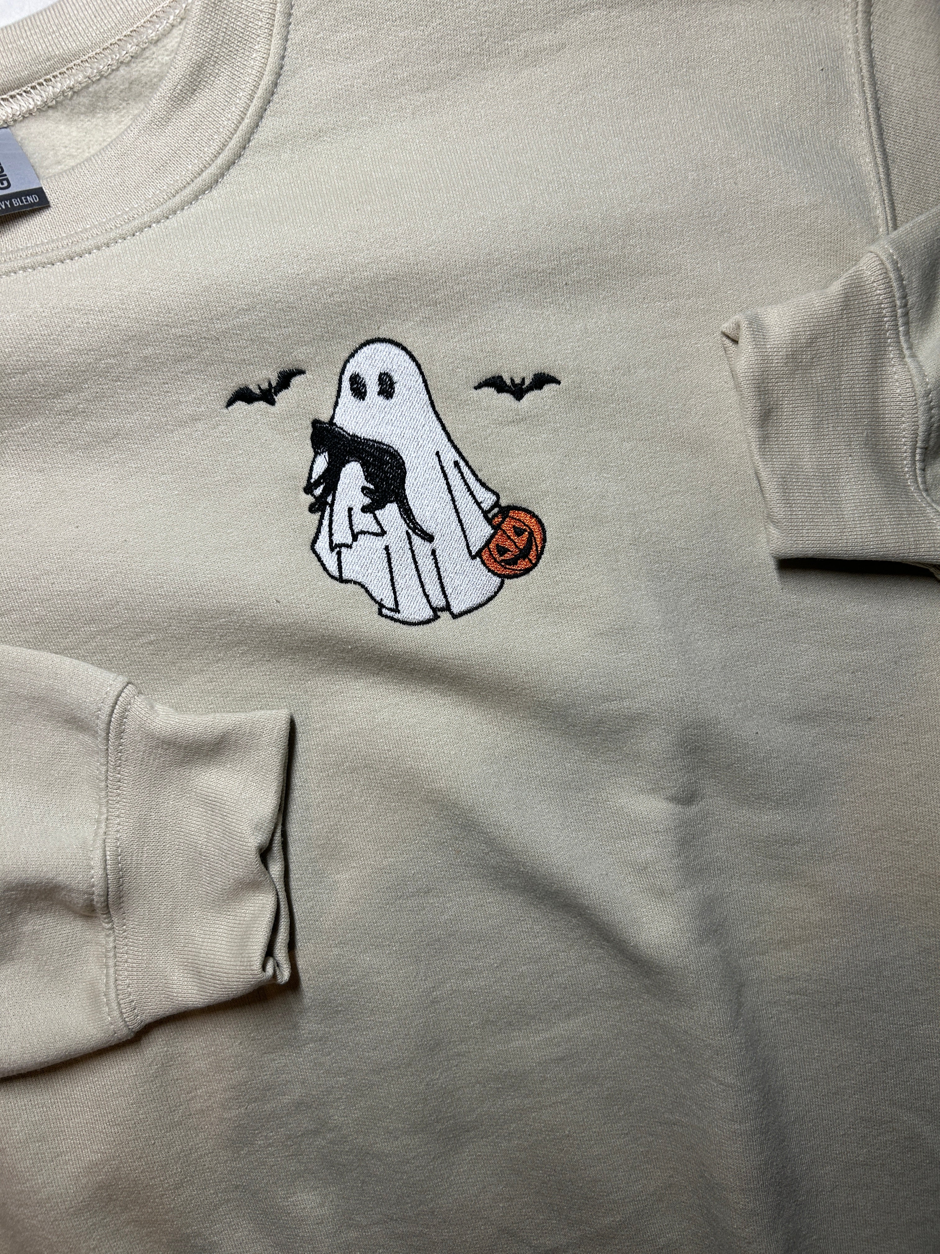 Ghost & Black Cat Trick or Treating Embroidery Design | Halloween Sweatshirt